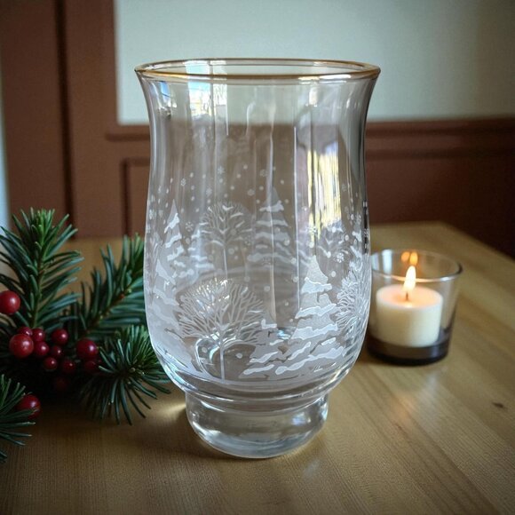 Libbey 6 Etched Winter Snow Trees Gold Rim Glass Tumblers Holiday Christmas